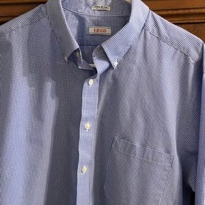 IZOD Button down Long sleeve shirt, Blue + white checked, Regular fit 17; 34/35.